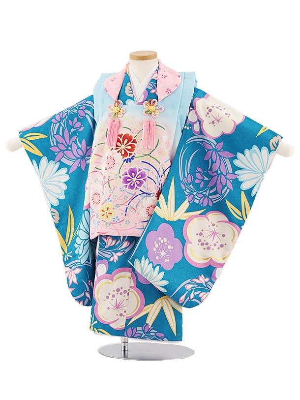 七五三レンタル(3歳女児被布)4805 ピンク×ターコイズ梅菊