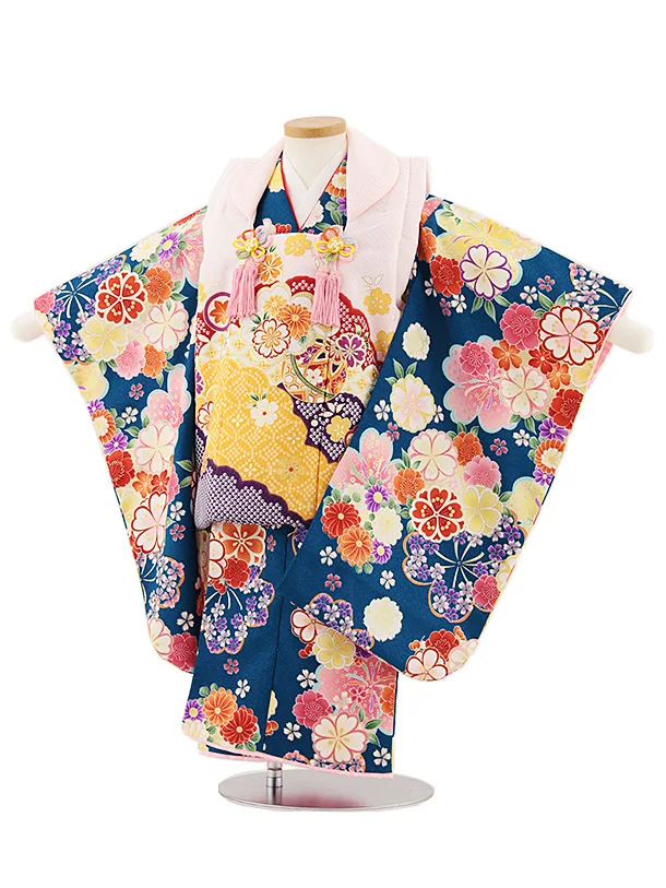 七五三レンタル(3歳女児被布)4806 ピンク雲取り鞠×青緑桜菊
