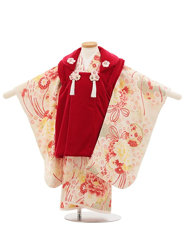 七五三レンタル(3歳女児被布)4810 華徒然 赤ベルベット×クリーム薬玉