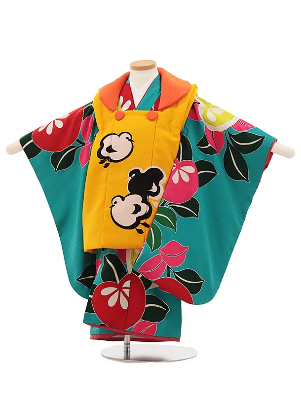 七五三(3歳女児被布)4813 モダンアンテナ オレンジ千鳥×ターコイズ橘