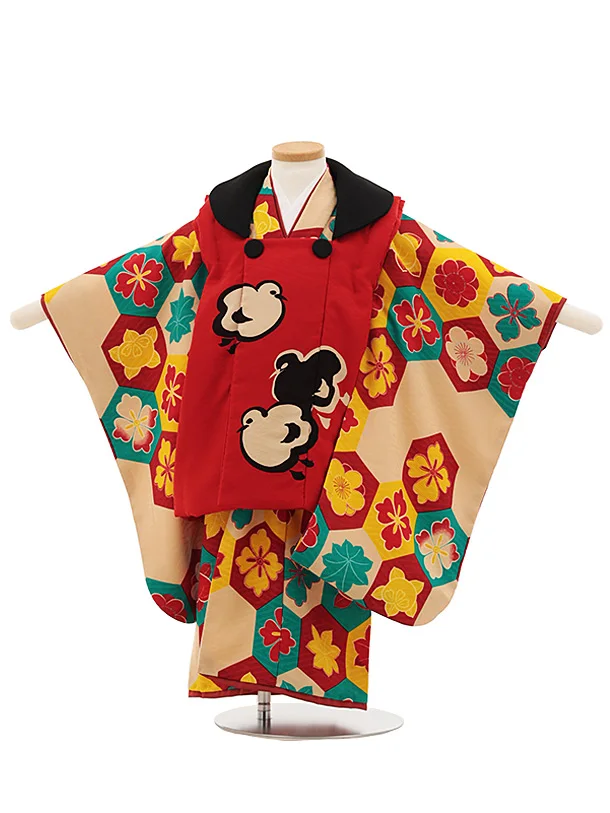 七五三レンタル(3歳女児被布)4814 モダンアンテナ 赤千鳥×ベージュ亀甲