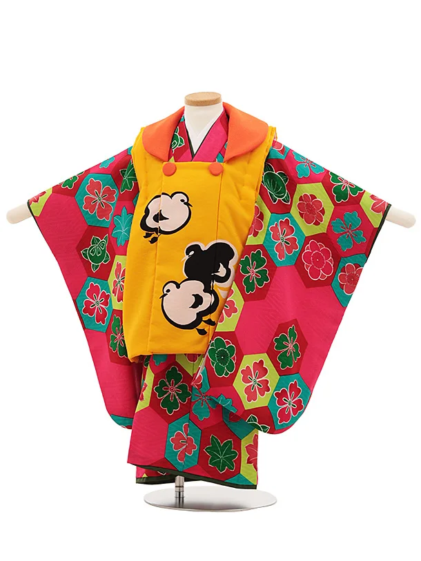 七五三レンタル(3歳女児被布)4815 モダンアンテナ オレンジ千鳥×ピンク亀甲