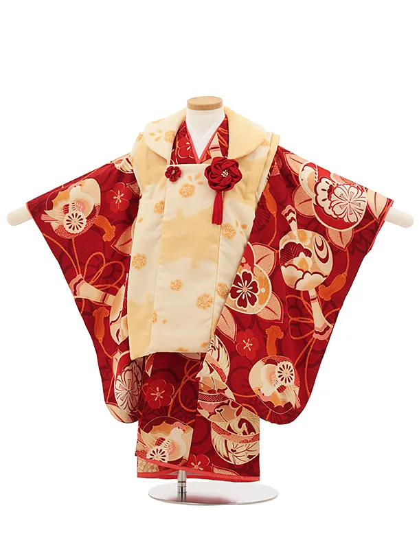 七五三レンタル(3歳女児被布)4818 京舞 薄橙色×赤古典