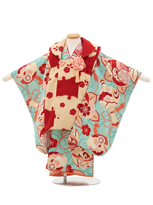 七五三レンタル(3歳女児被布)4819 京舞 赤×水色古典