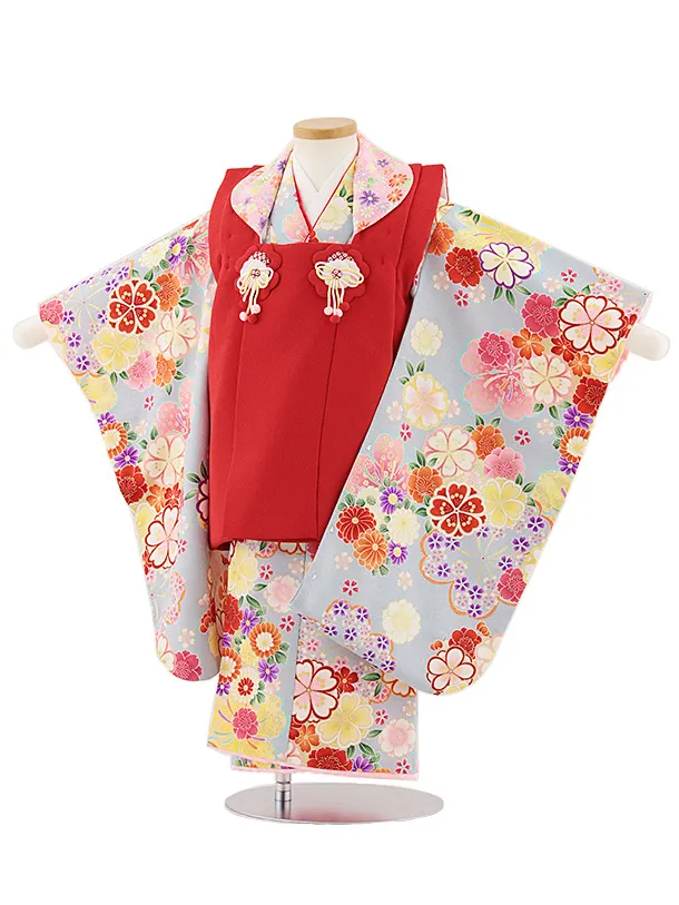 七五三レンタル(3歳女児被布)4820 赤×ブルーグレー桜菊