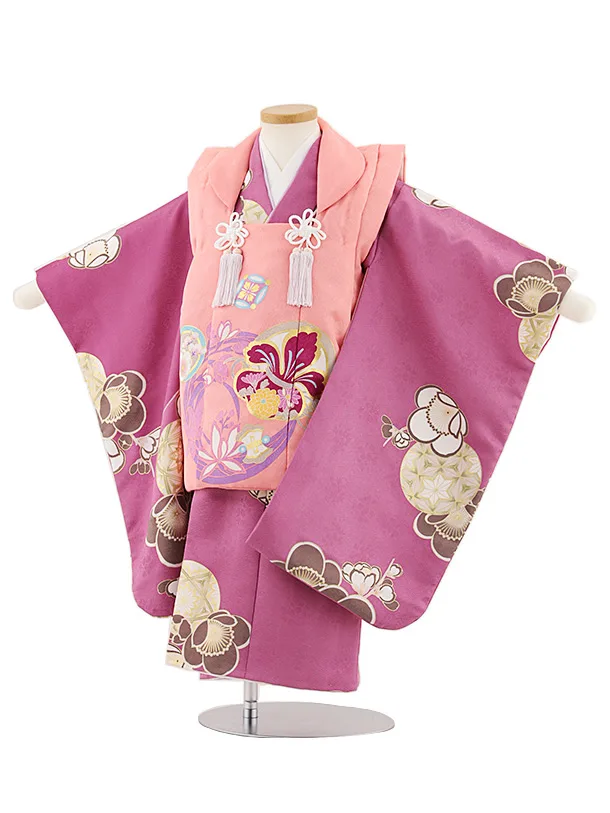 七五三レンタル(3歳女児被布)4821 サーモンピンク×パープル梅鞠