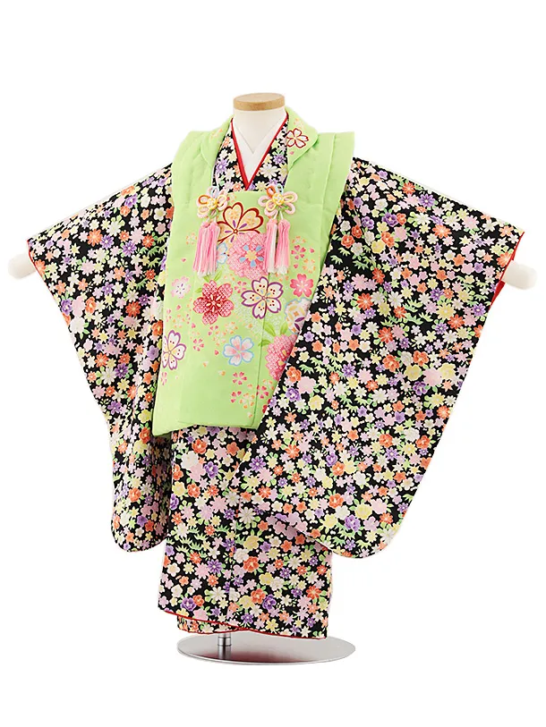 七五三レンタル(3歳女児被布)4822 黄緑桜×黒小花