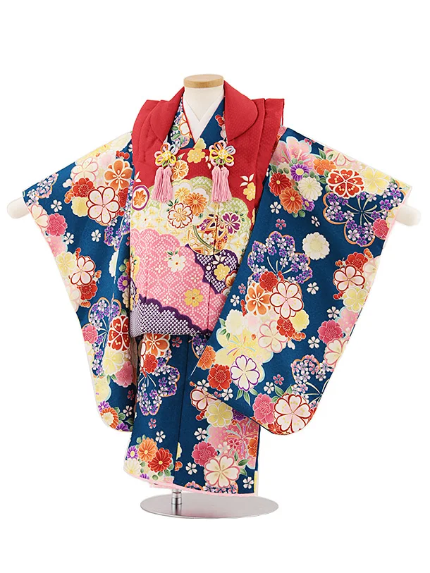 七五三レンタル(3歳女児被布)4823 赤 雲取り菊×青緑桜菊