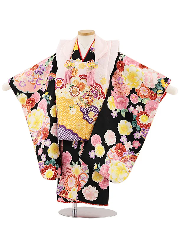 七五三レンタル(3歳女児被布)4827 ピンク雲取り鞠×黒地花蝶