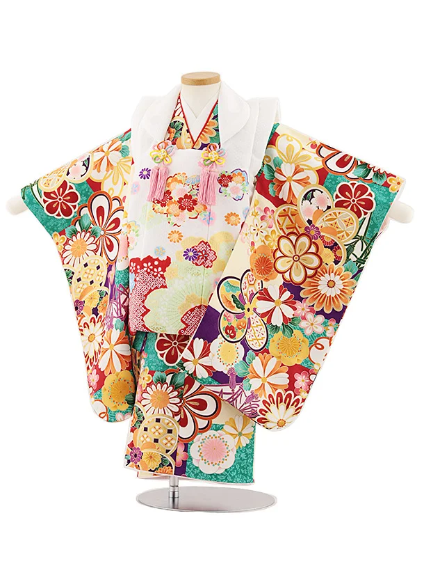 七五三レンタル(3歳女児被布)4830 白地桜×緑ねじり梅