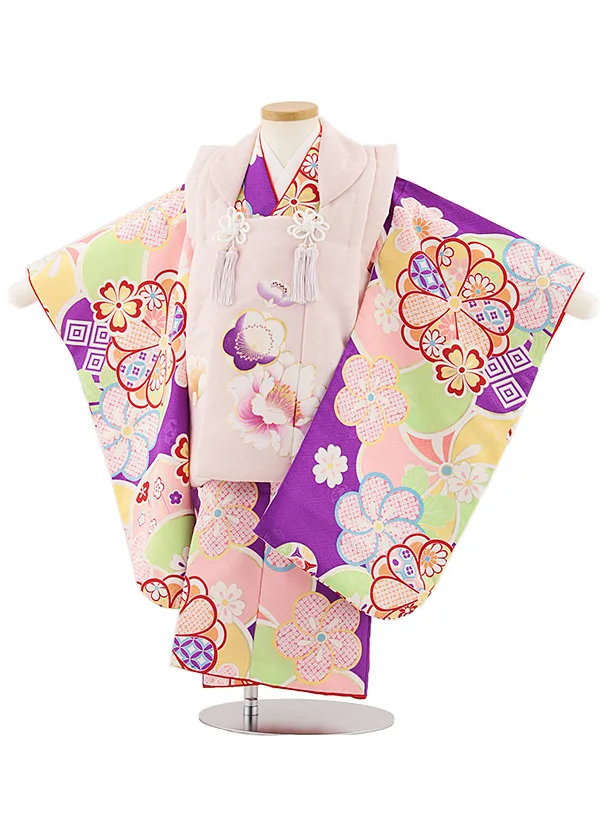 七五三レンタル(3歳女児被布)4831 ピンク×パープルねじり梅