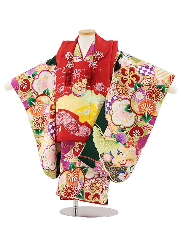 七五三レンタル(3歳女児被布)4834 赤鞠×緑梅菊橘