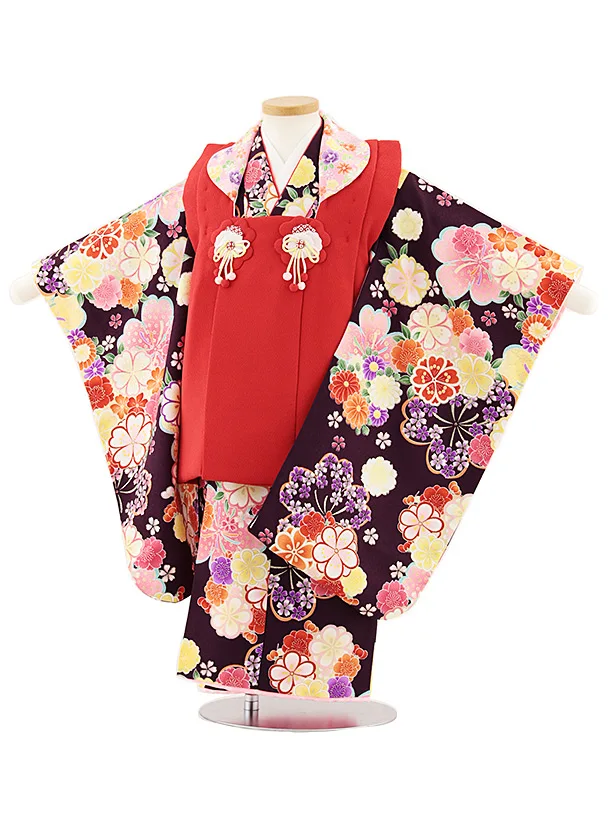 七五三レンタル(3歳女児被布)4835 赤×紫桜菊