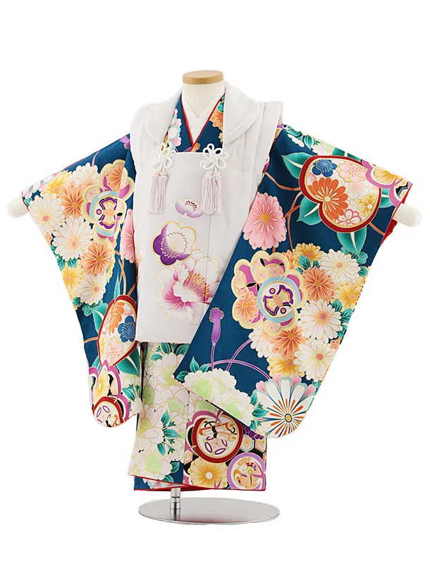 七五三レンタル(3歳女児被布)4836 白×青緑牡丹菊橘