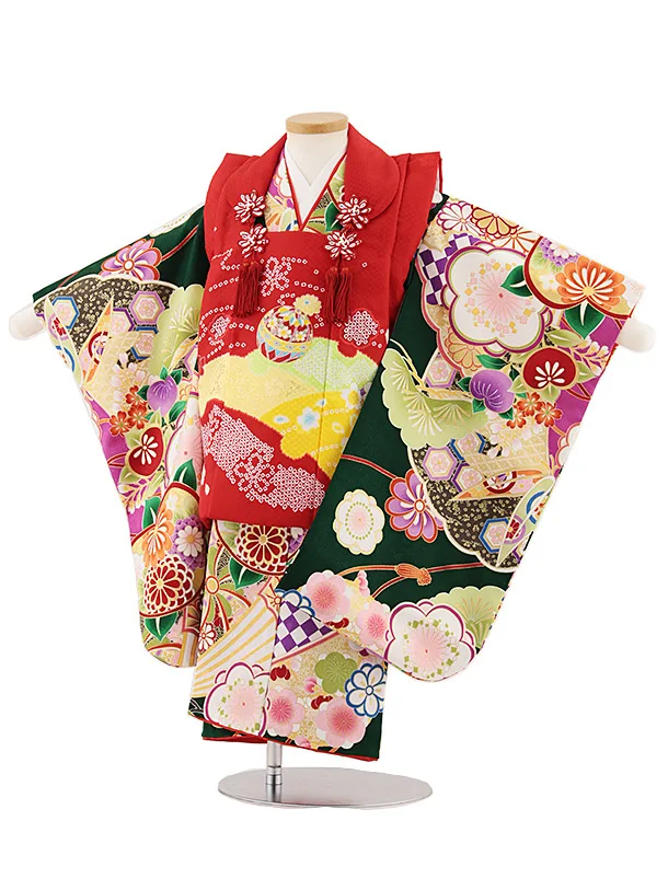 七五三レンタル(3歳女児被布)4837 赤鞠×緑梅橘