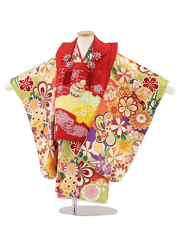 七五三レンタル(3歳女児被布)4838 赤鞠×黄緑ねじり梅