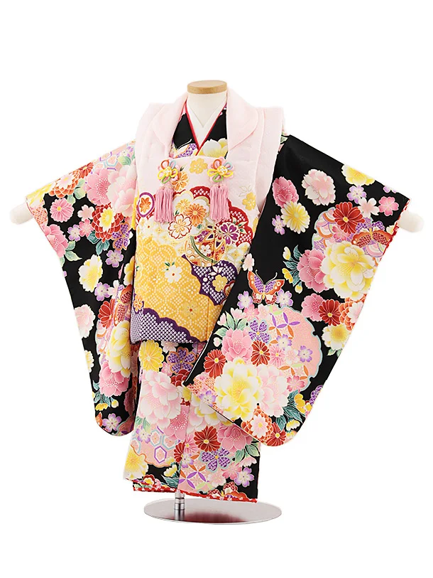七五三レンタル(3歳女児被布)4840 ピンク雲取り鞠×黒地花蝶