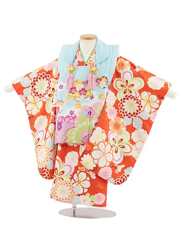 七五三レンタル(3歳女児被布)4841 水色桜×オレンジ梅菊