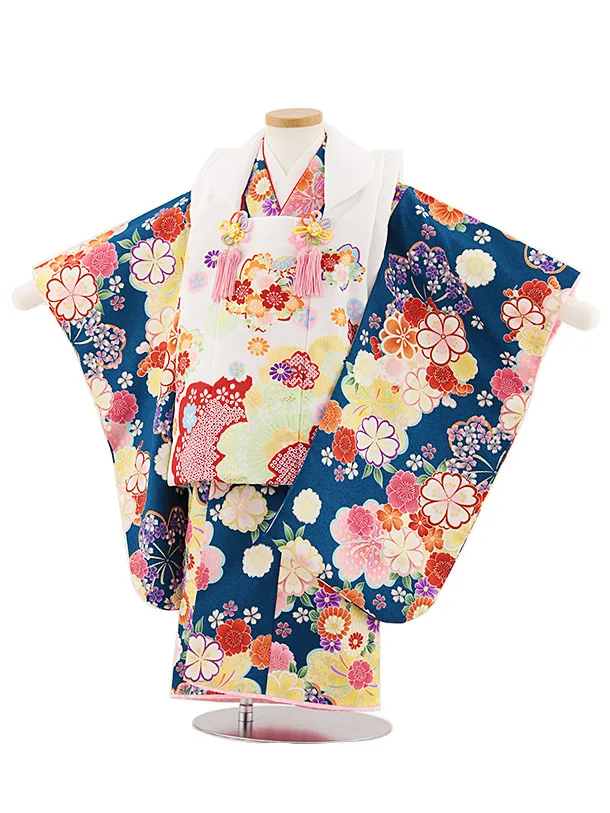 七五三レンタル(3歳女児被布)4842 白地桜×青緑桜菊