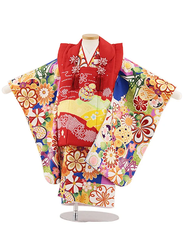 七五三レンタル(3歳女児被布)4843 赤鞠×青地ねじり梅