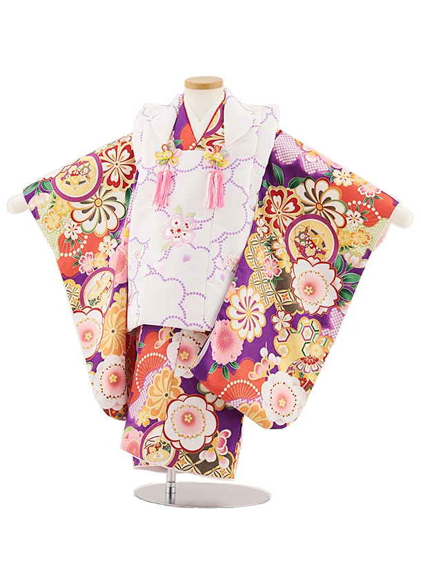 七五三レンタル(3歳女児被布)4844 白地刺繍桜×紫古典花