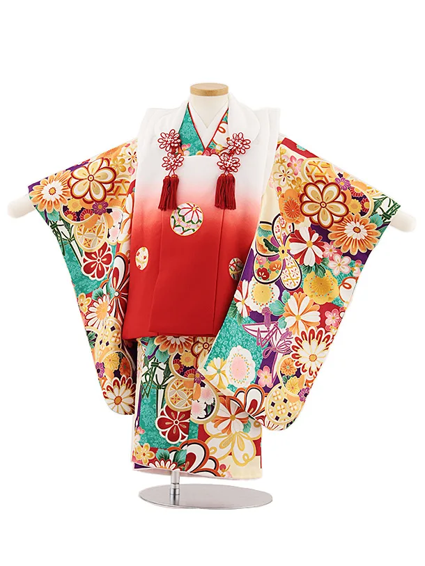 七五三レンタル(3歳女児被布)4846 白ぼかし赤刺繍鞠×緑ねじり梅