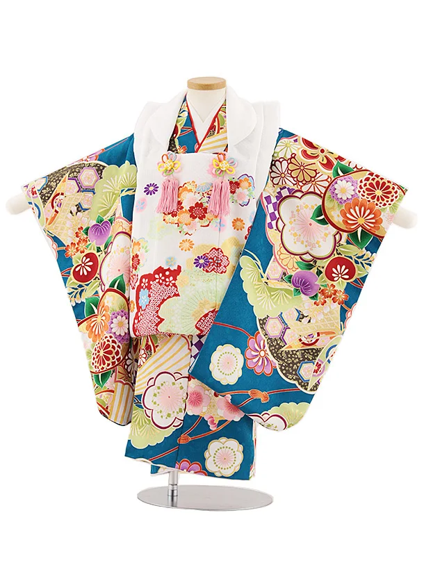 七五三レンタル(3歳女児被布)4847 白地桜×青緑梅橘