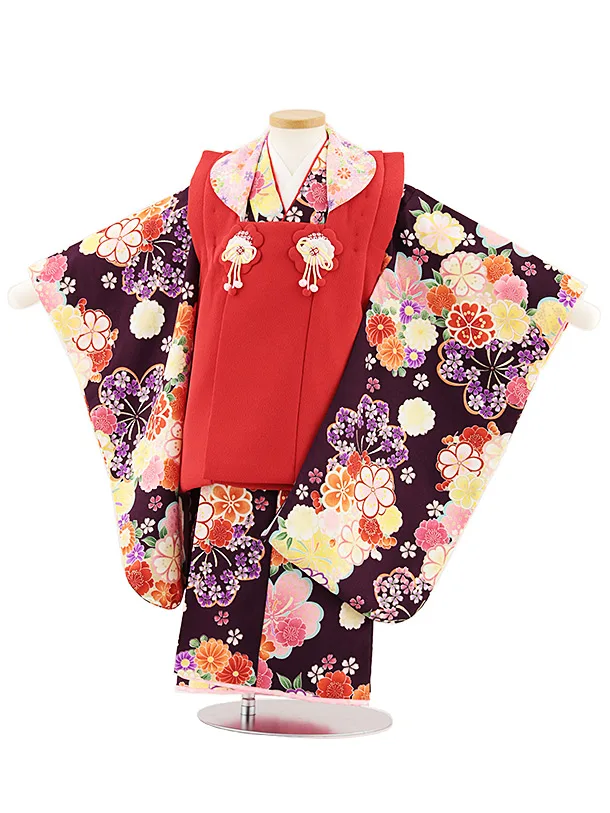 七五三レンタル(3歳女児被布)4848 赤×紫桜菊