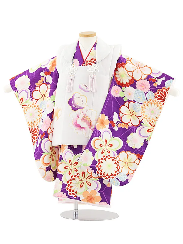 七五三レンタル(3歳女児被布)4849 白系×パープル梅菊