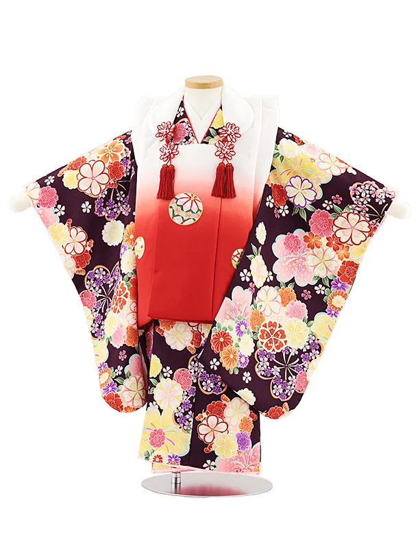 七五三レンタル(3歳女児被布)4850 白ぼかし赤刺繍鞠×紫桜菊