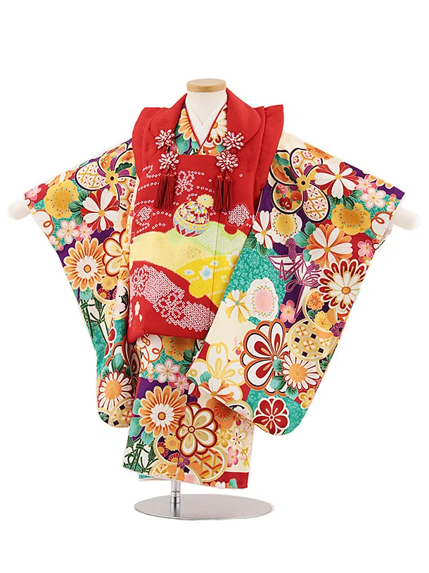 七五三レンタル(3歳女児被布)4851 赤鞠×緑ねじり梅