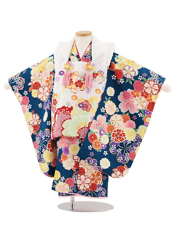 七五三レンタル(3歳女児被布)4852 白地桜×青緑桜菊