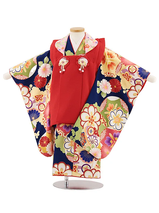 七五三レンタル(3歳女児被布)4853 赤×青地梅菊