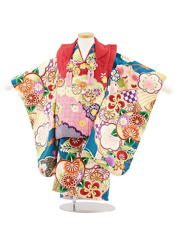 七五三レンタル(3歳女児被布)4855 赤雲取り鞠×ターコイズ梅橘