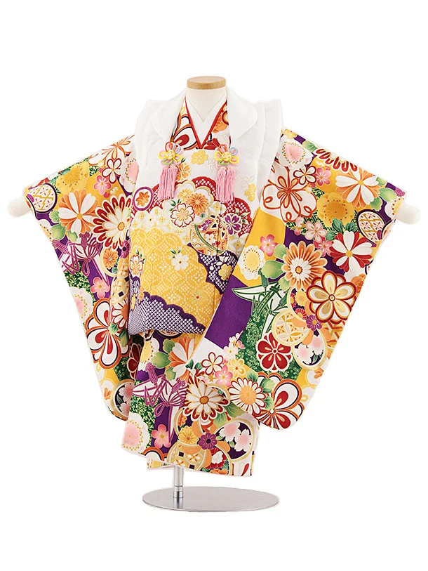 七五三レンタル(3歳女児被布)4856 白雲取り鞠×紫ねじり菊