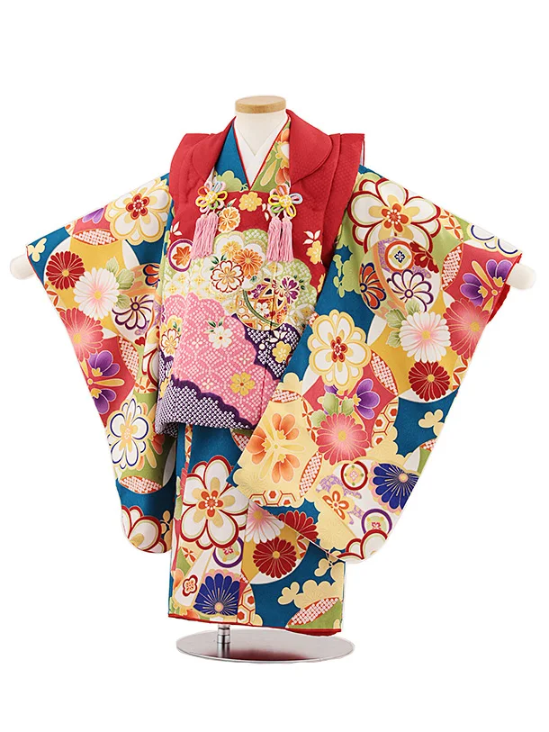 七五三レンタル(3歳女児被布)4857 赤雲取り鞠×青地梅菊