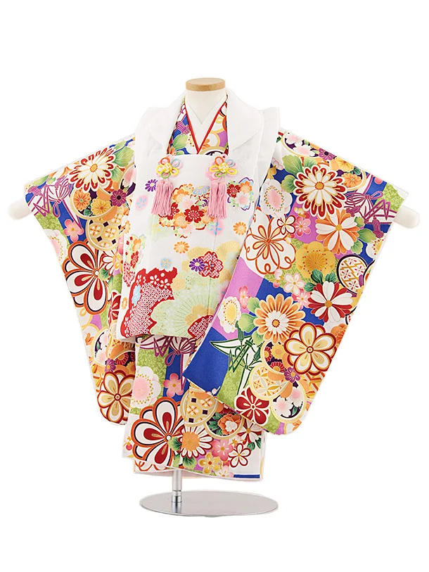 七五三レンタル(3歳女児被布)4858 白地桜×青ねじり梅