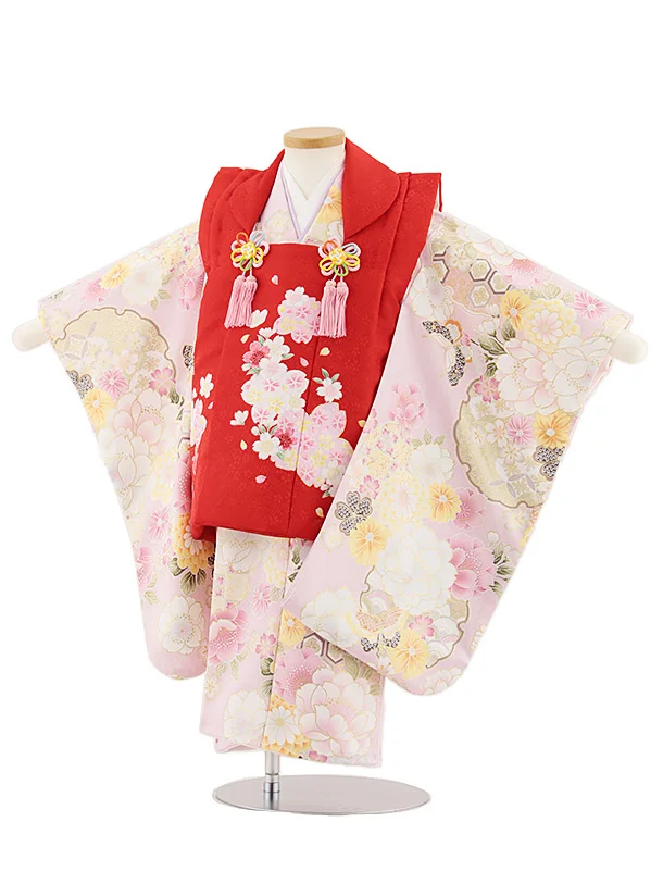 七五三レンタル(3歳女児被布)4859 赤地桜×ピンク雪輪に花蝶