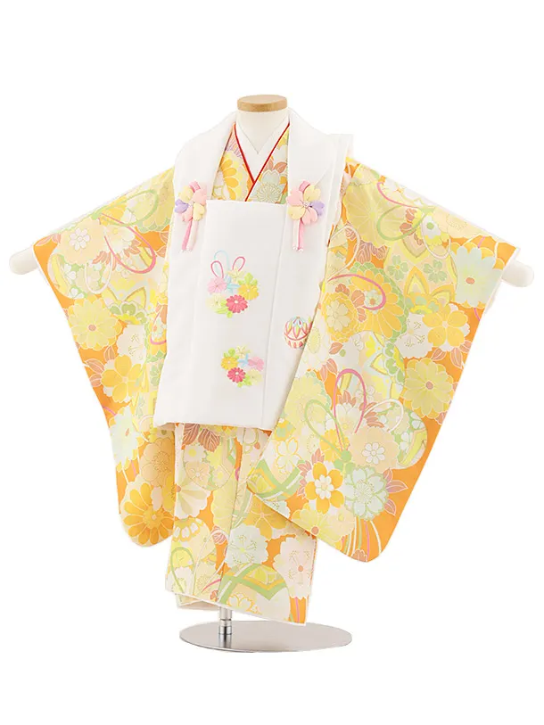 七五三レンタル(3歳女児被布)4943 アイボリー×山吹色 鞠と古典花