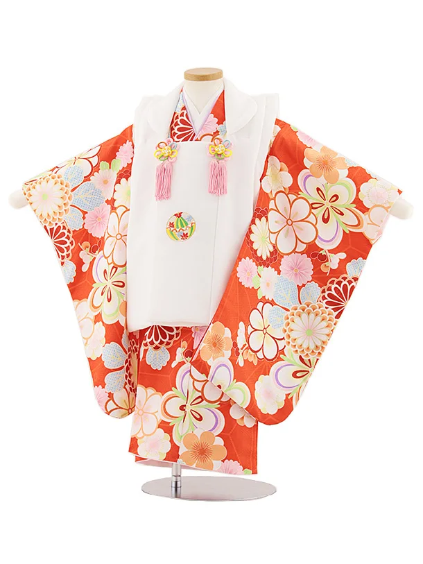 七五三レンタル(3歳女児被布)4862 白刺繍鞠×オレンジ梅菊