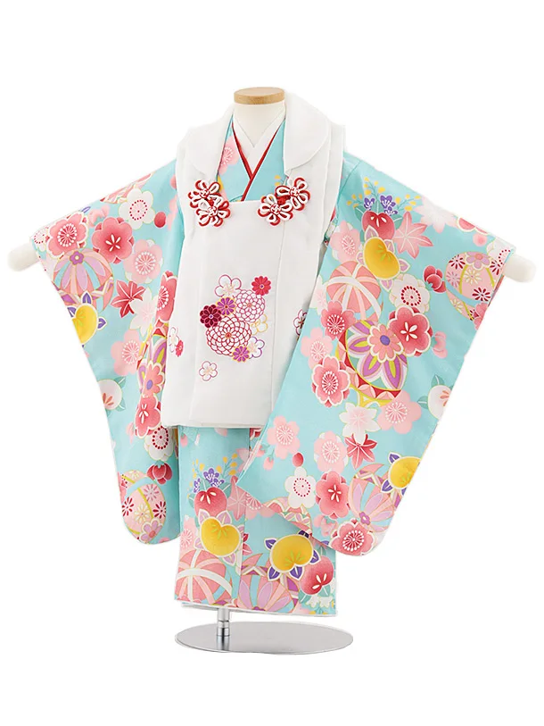 七五三レンタル(3歳女児被布)4863 白花刺繍×水色梅と鞠