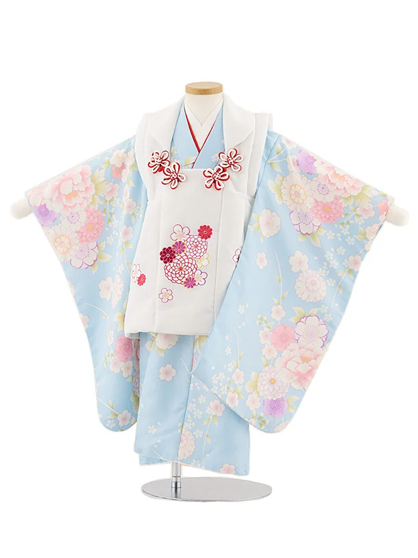 七五三レンタル(3歳女児被布)4865 白花刺繍×水色菊桜牡丹