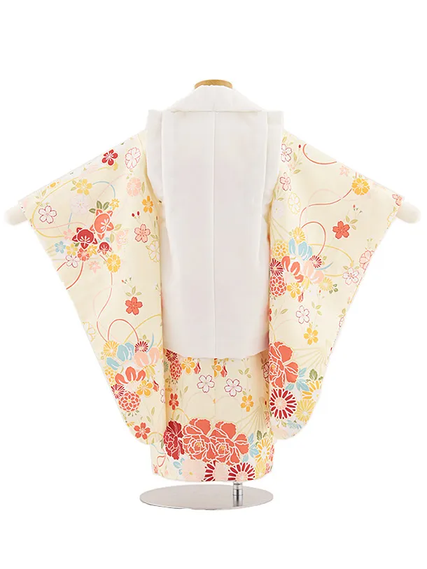 七五三レンタル(3歳女児被布)4868 白刺繍花丸×クリーム扇と古典花