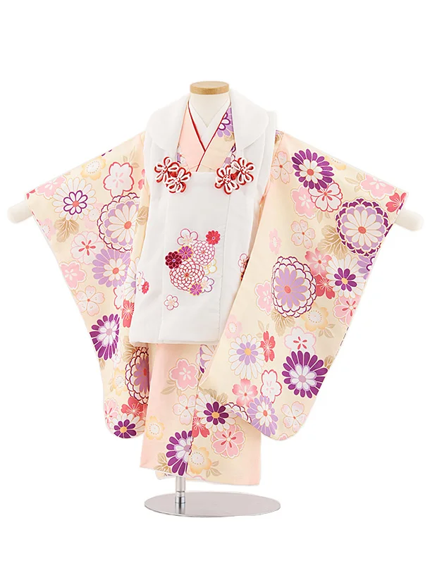七五三レンタル(3歳女児被布)4869 白花刺繍×クリームピンクぼかし菊
