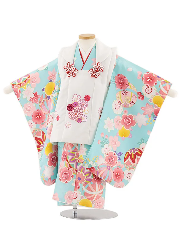 七五三レンタル(3歳女児被布)4871 白花刺繍×水色 梅と鞠