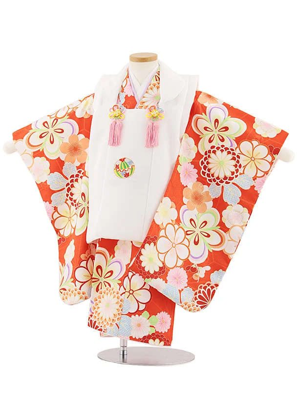 七五三レンタル(3歳女児被布)4873 白刺繍鞠×オレンジ梅菊