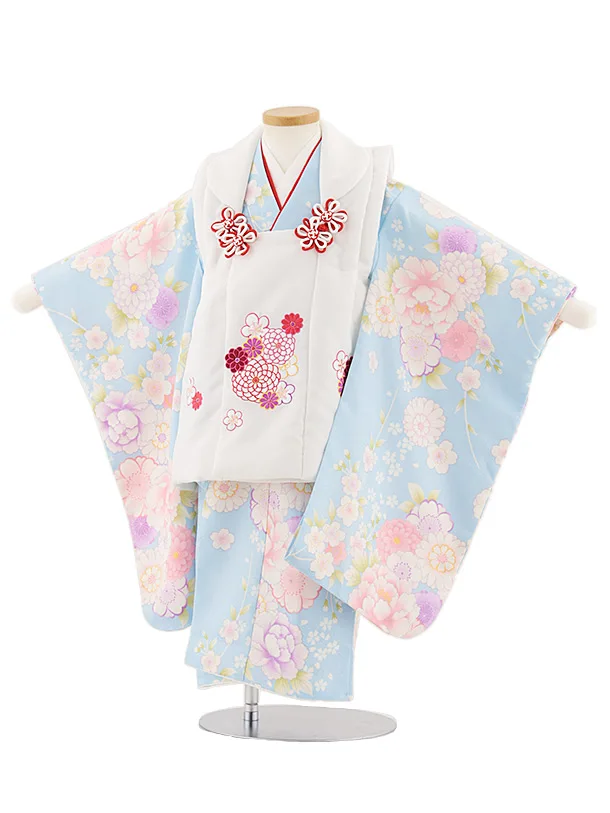 七五三レンタル(3歳女児被布)4874 白花刺繍×水色菊桜牡丹