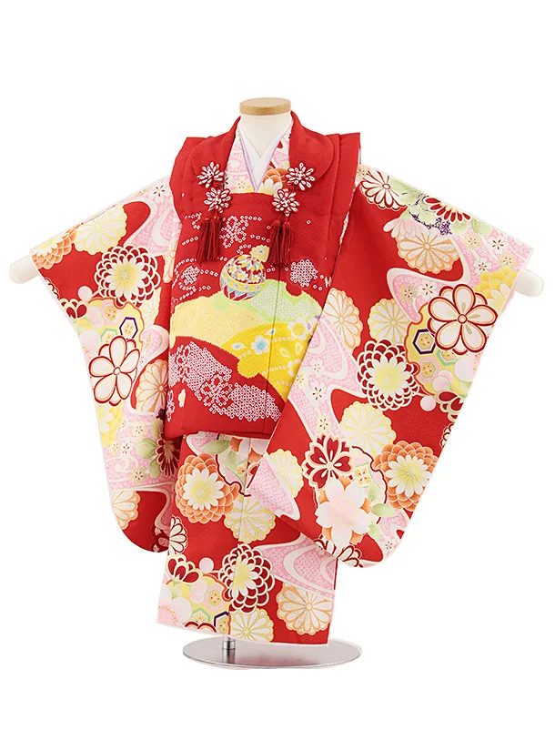 七五三レンタル(3歳女児被布)4875 赤地鞠×赤古典花