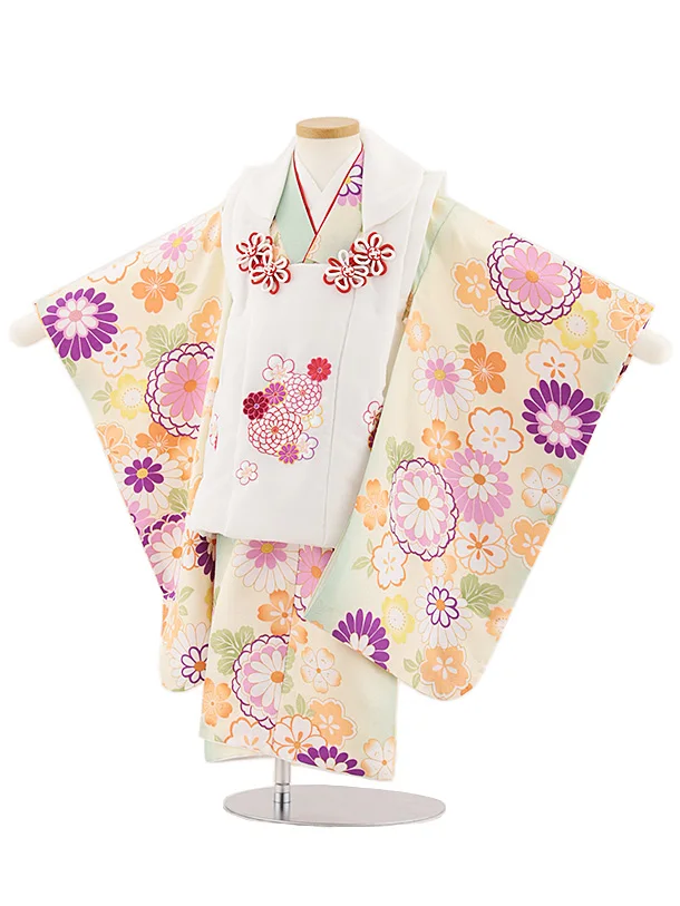 七五三レンタル(3歳女児被布)4876 白花刺繍×クリームグリーンぼかし菊