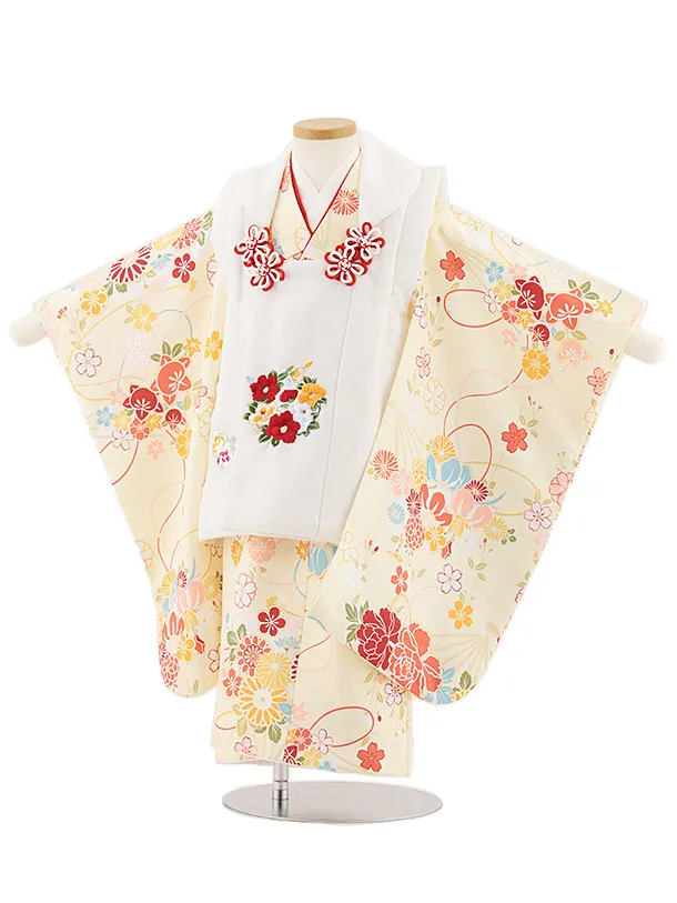七五三レンタル(3歳女児被布)4877 白刺繍花丸×クリーム扇と古典花